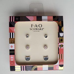 NWT FAO Schwarz Holiday Crystal, Flower & Cat Stud Trio Earring Set